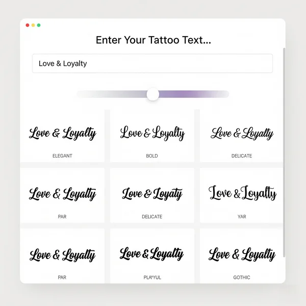 Cursive tattoo font generator interface displaying options