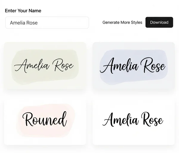 Cursive name generator interface showing various name styles