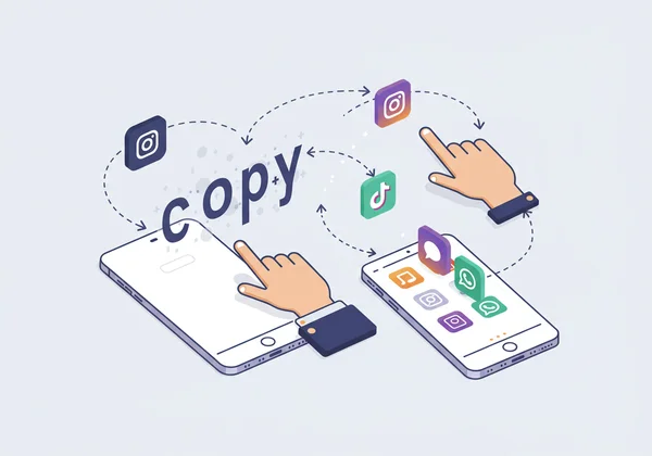 Stylized text being copied and pasted across device icons.