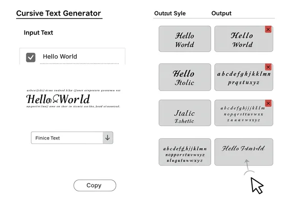Screen showing text transformation with a cursive generator