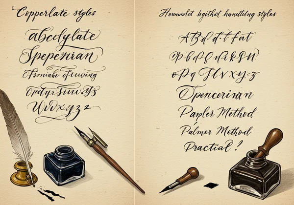 Three classic cursive handwriting styles with a quill pen