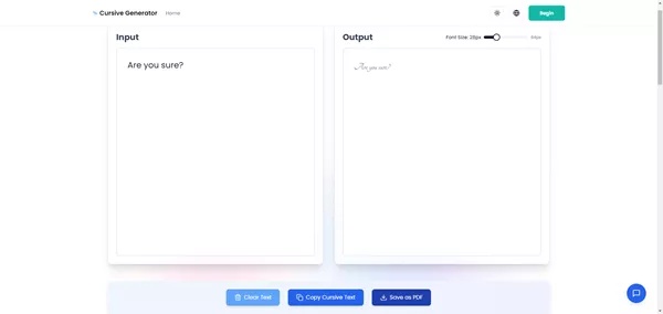 Cursive Generator website homepage showcasing the generators input box and various font options.